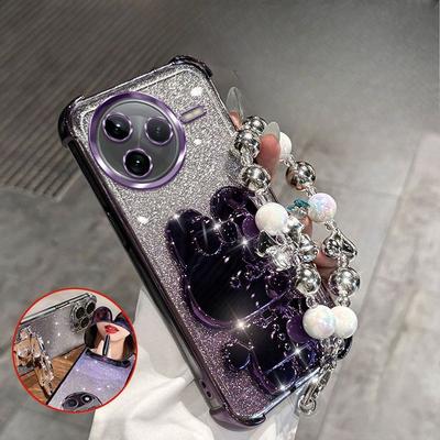 Rabbit Mirror Bracket Phone Case for Xiaomi POCO X7 M7 F7 X6 M6 F6 Ultra Pro with Bracelet Four Corner Airbag Cushioning Shell