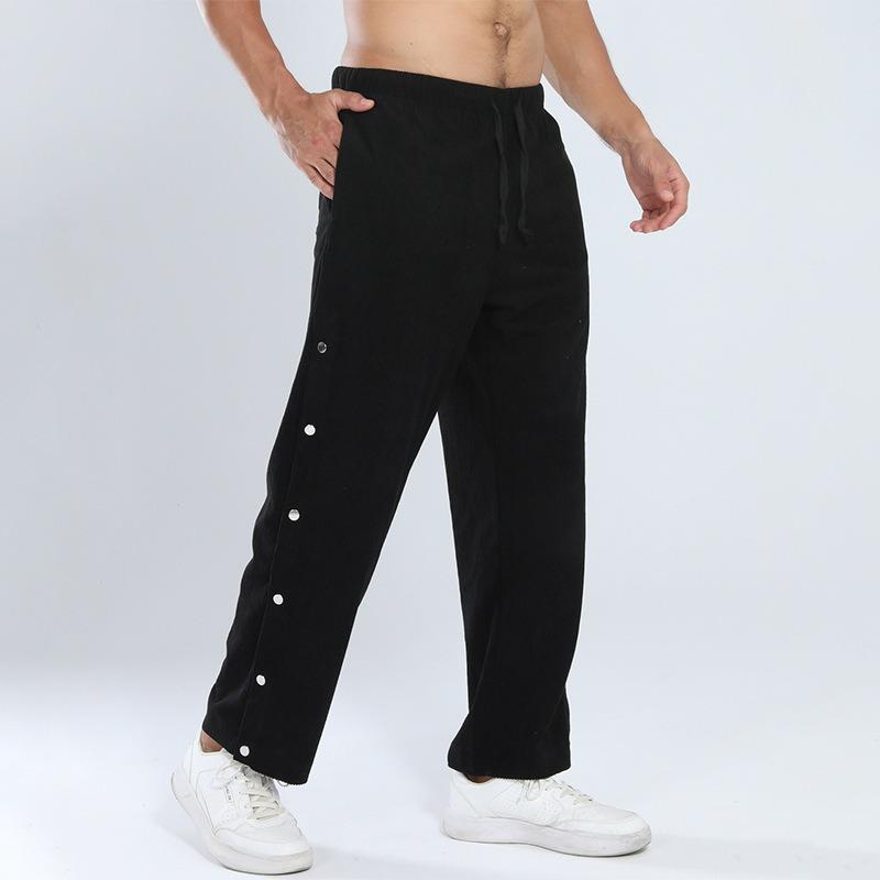 Men Corduroy Wide Leg Pants Elastic Waist Drawstring With Side Snap Buttons S