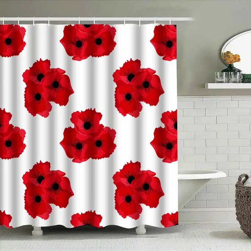 Red Poppy Shower Curtain Waterproof Fabric Decor for Bathroom Walls 3D Printed Design Available in Multiple Sizes