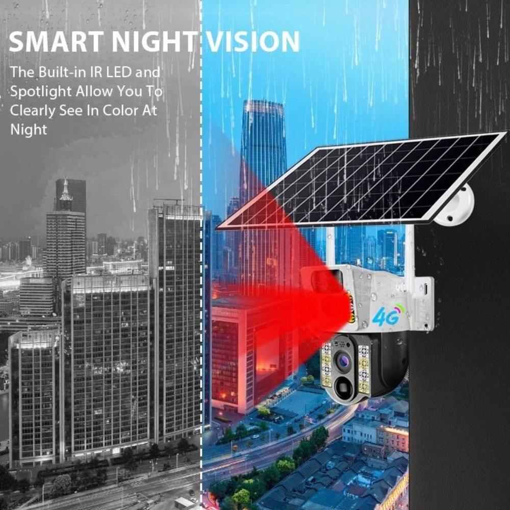 Wireless Solar-Powered Security Camera with 4G/WIFI Dual Lenses, PIR Human Motion Detection, and Night Vision