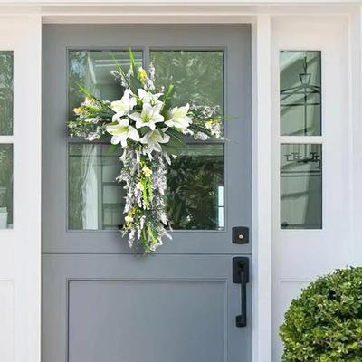 Easter Cross Lily Wreath Hanging Decoration 50x40cm Simulation Flower Front Door Ornament for Hallway Multipurpose Accessories