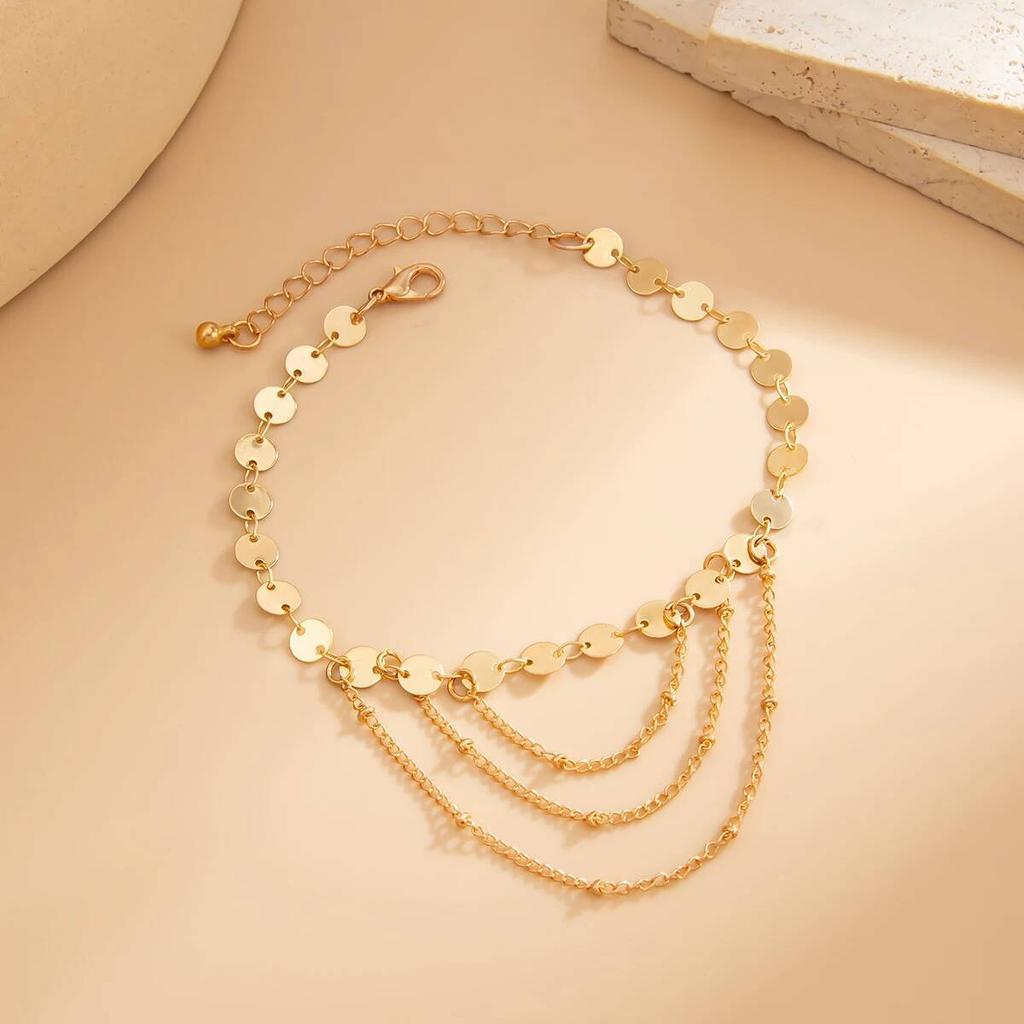 Ingemark Boho Vintage Tassel Link Pendant Anklets for Women Summer Beach Barefoot Simple Sequin Chain Ankle Foot Jewelry Gift