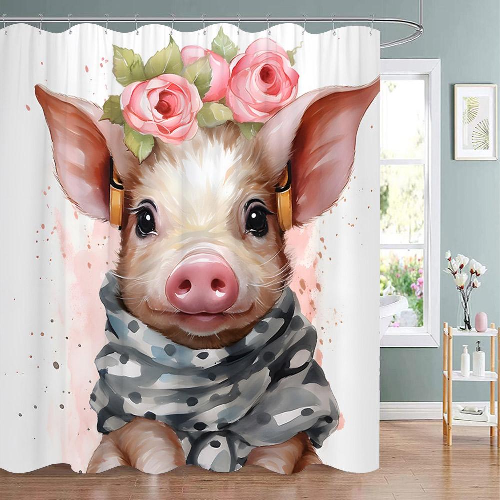 Funny Animal Shower Curtain Cute Cat in Flower with Butterfly Fluttering Polyester Fabric Washable Shower Curtain Bathroom Decor