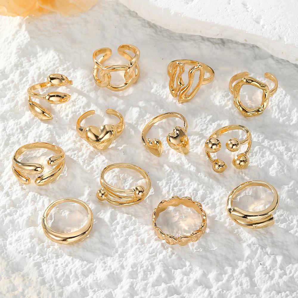 12Pcs/Set Exaggerated Irregular Heart-Shaped Rings for Women Vintage Metal Water Drop Open Rings Set Daily Jewelry Gift
