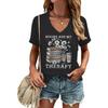 Floral Book & Coffee Design V-Neck T-Shirt Books Are My Therapy Graphic Tee Bookish Casual Tops Book Coffee Lover T-shirt Female