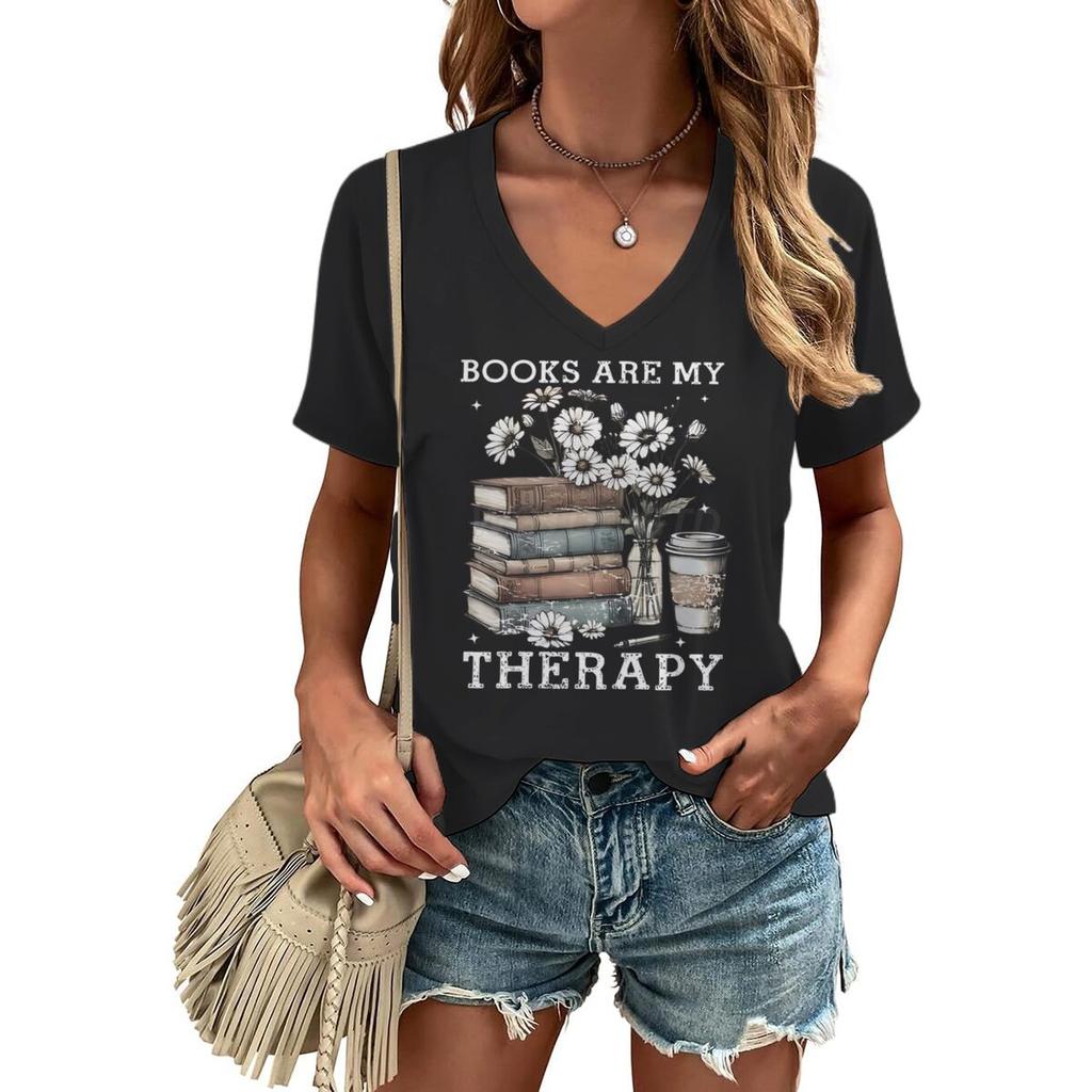 Floral Book & Coffee Design V-Neck T-Shirt Books Are My Therapy Graphic Tee Bookish Casual Tops Book Coffee Lover T-shirt Female