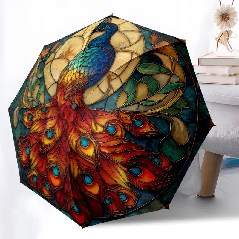 0106 Glass Window Peacock  pattern, automatic folding umbrella, portable and foldable design, 8 ribs, a Christmas or birthday gift.