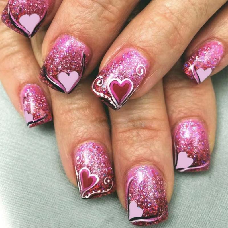 

Glossy Pink Heart Designs Press on Nail Short Square False Nail Set for Romance Valentine s Day DIY Manicure 24Pcs 1
