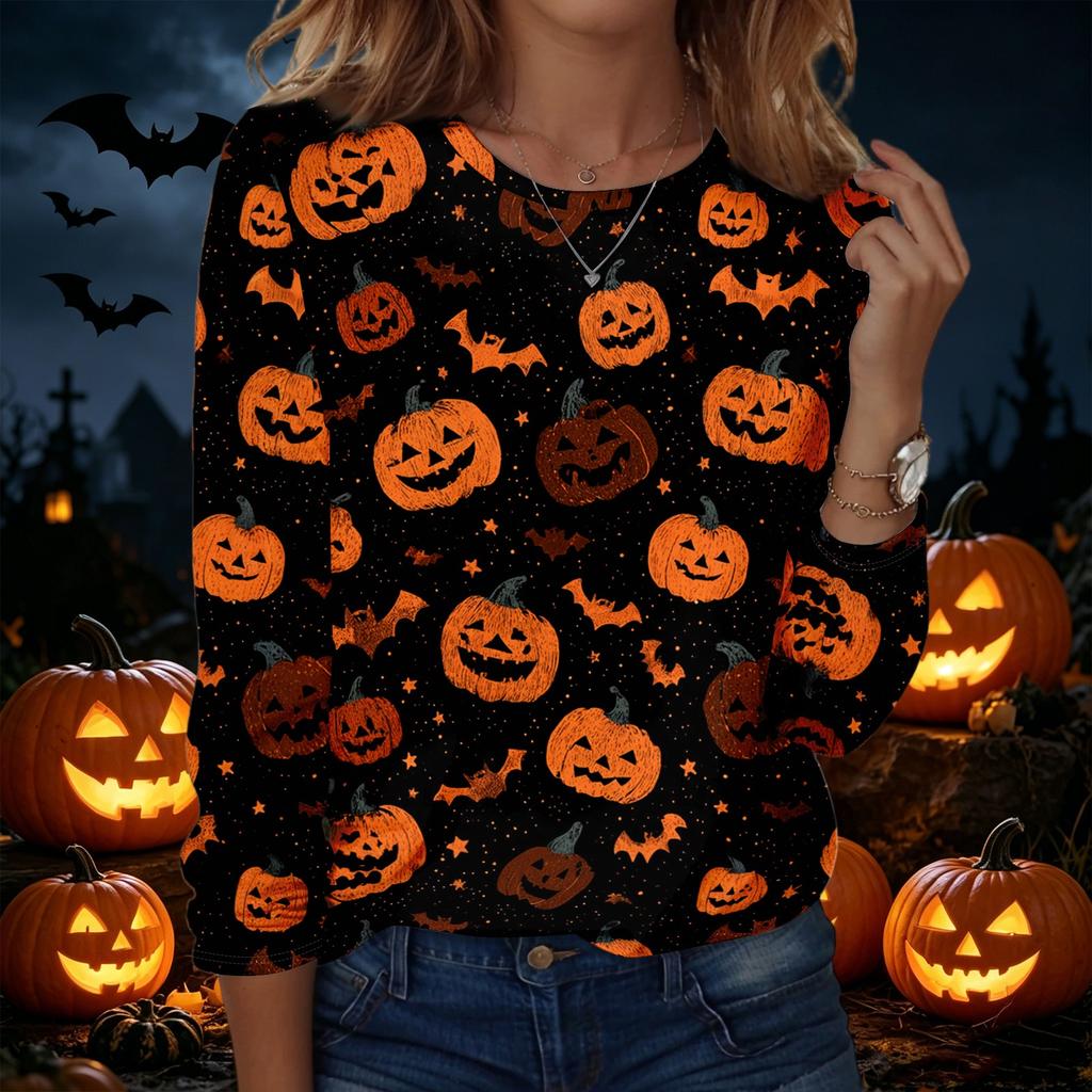 Womens Halloween Pullover Sweatshirt Long Sleeve Crewneck Top Casual Printed Blouse Lightweight Comfortable Fit