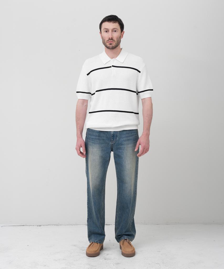 MANNERGRAM Textured Striped 100% Cotton Polo Short Sleeve Knit White