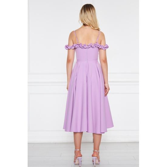 Women's Adjustable Strap Ruffle Detailed Collar Pleated Flared Midi Evening Dress