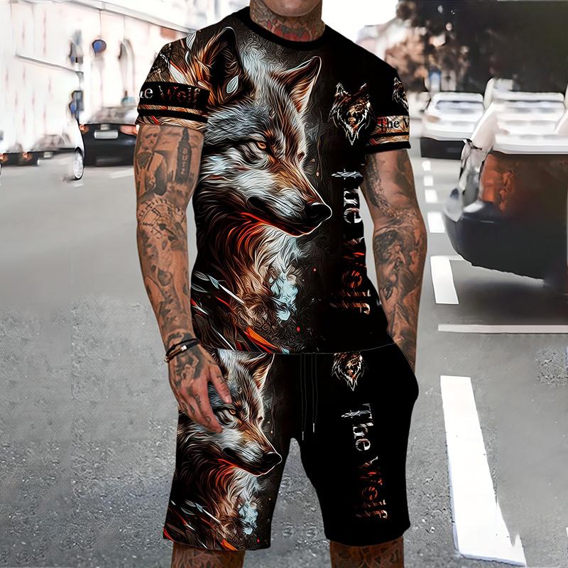 Men's Suit Summer Casual Breathable Refreshing Suit Printed 3D Wolf Oversized Men's Loose Top Fashion Short Sleeves