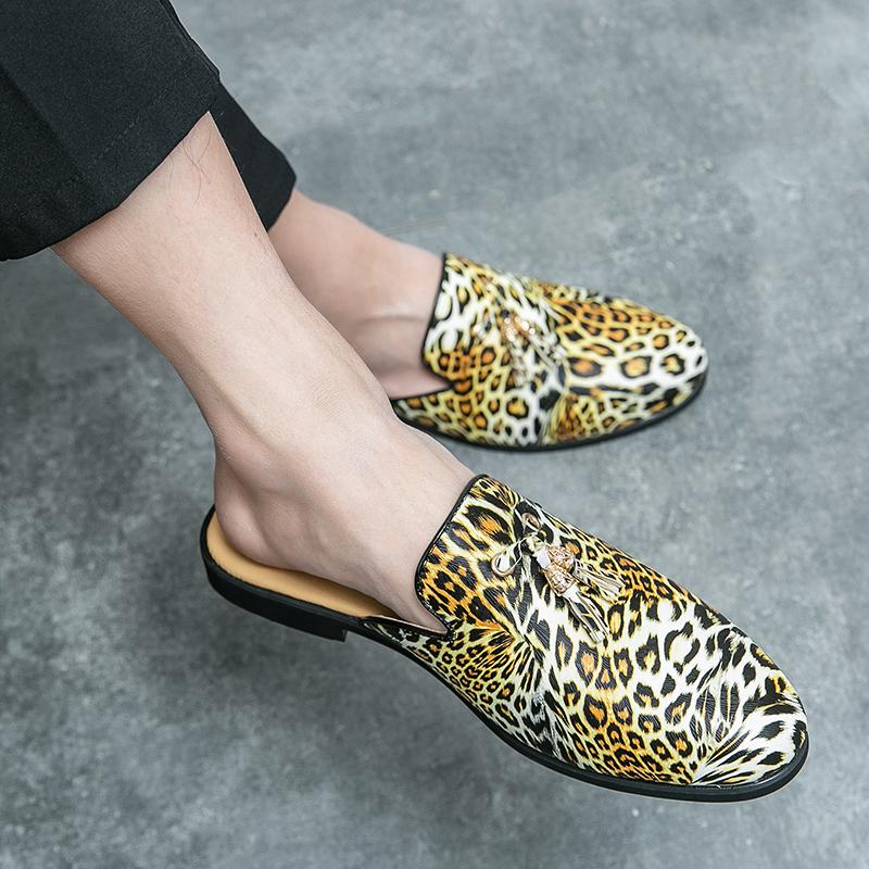 Half Shoes For Men Leather Semi-Drag Casual Shoes Mens Open Back Loafers Slippers Leopard Print Male Mules Sandals Slip-On Flats