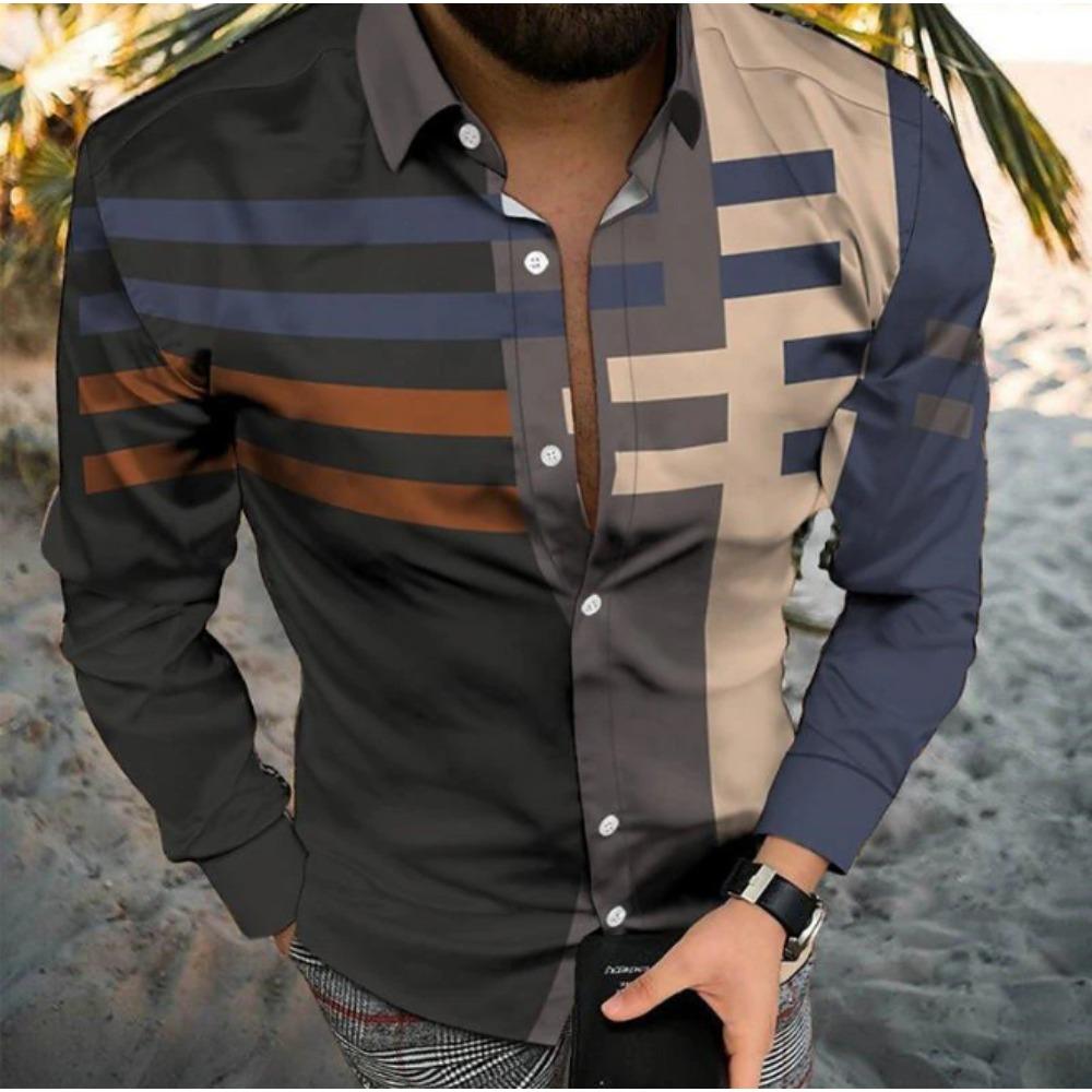 Men's Geometric Pattern Printed Long Sleeve Shirts Casual Cardigan New Button Holiday Fashion Shirts