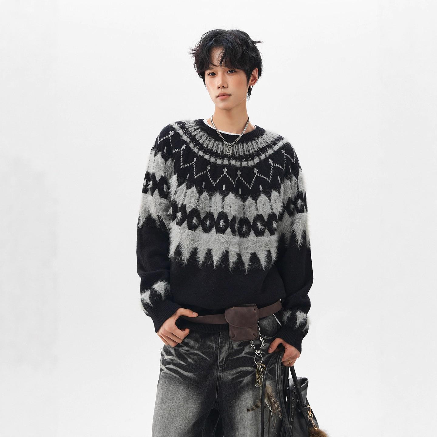 

Gray Retro Fair Isle Knit Cardigan - Soft, Fluffy Outerwear for Autumn/Winter 2026 Trends 3XL чорний