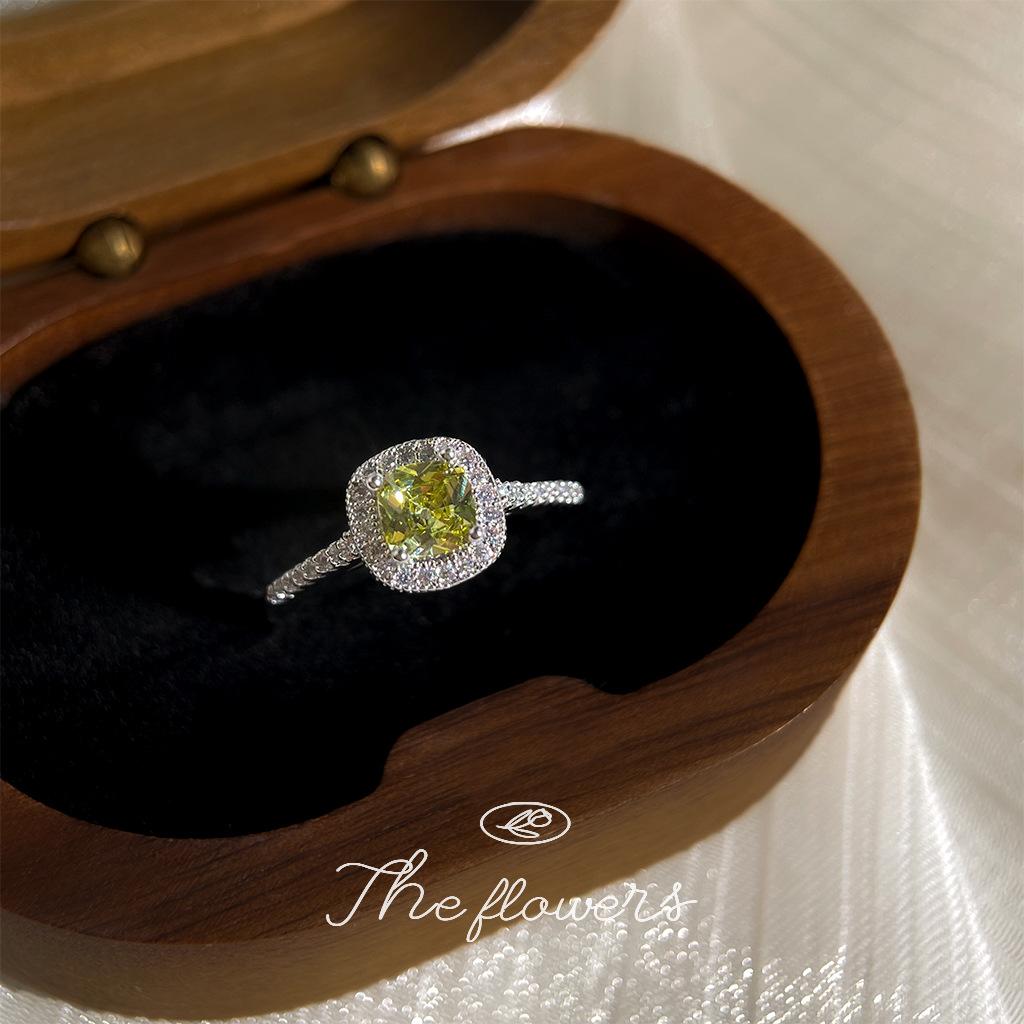 Micro-inlaid zircon square geometric plated real white gold fat square olive green opening adjustable ring ring ring