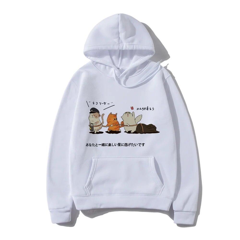 Men Hip Hop Unisex's Hoodies Streetwear Japanese Kanji Harajuku Funny Cat Unisex Hoodies Sweatshirts Autumn Winter Oversized Clothing