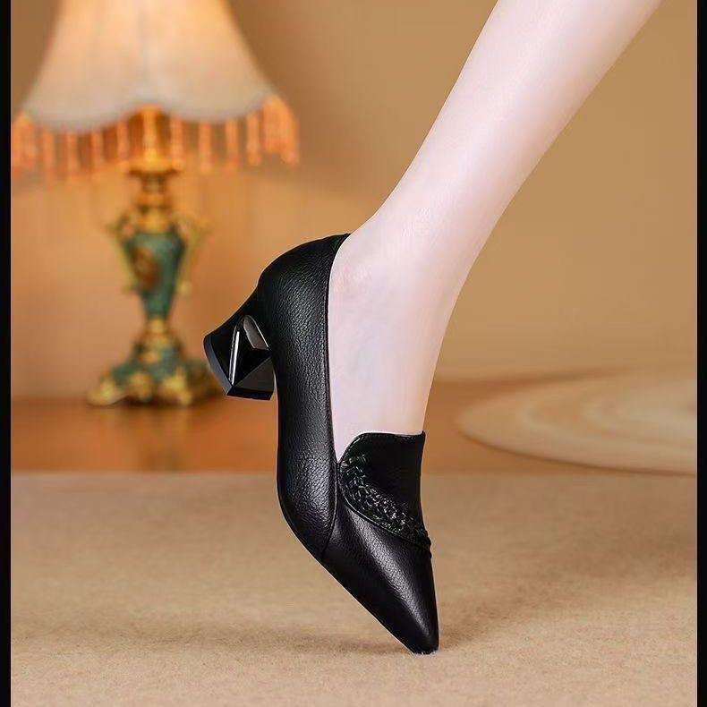French Spring and Autumn Single Shoes Temperament Leather Shoes Pointed High Heels Really Soft Leather Comfortable Women's Leather Shoes