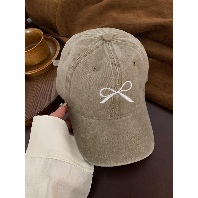 Bows Embroider Baseball Cap Female 2024 Spring New Arrival Washed Distressed American Retro Wide Brim Cover Face Peaked Cap
