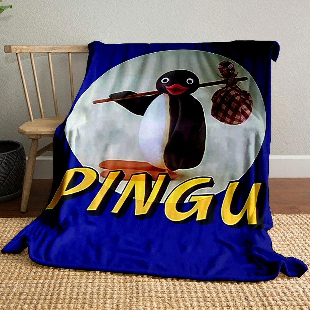 A Cartoon Penguin Holding a Stick with a Red Checkered Sack On It. for All Seasons Blanket Lunch Break Throw Gift