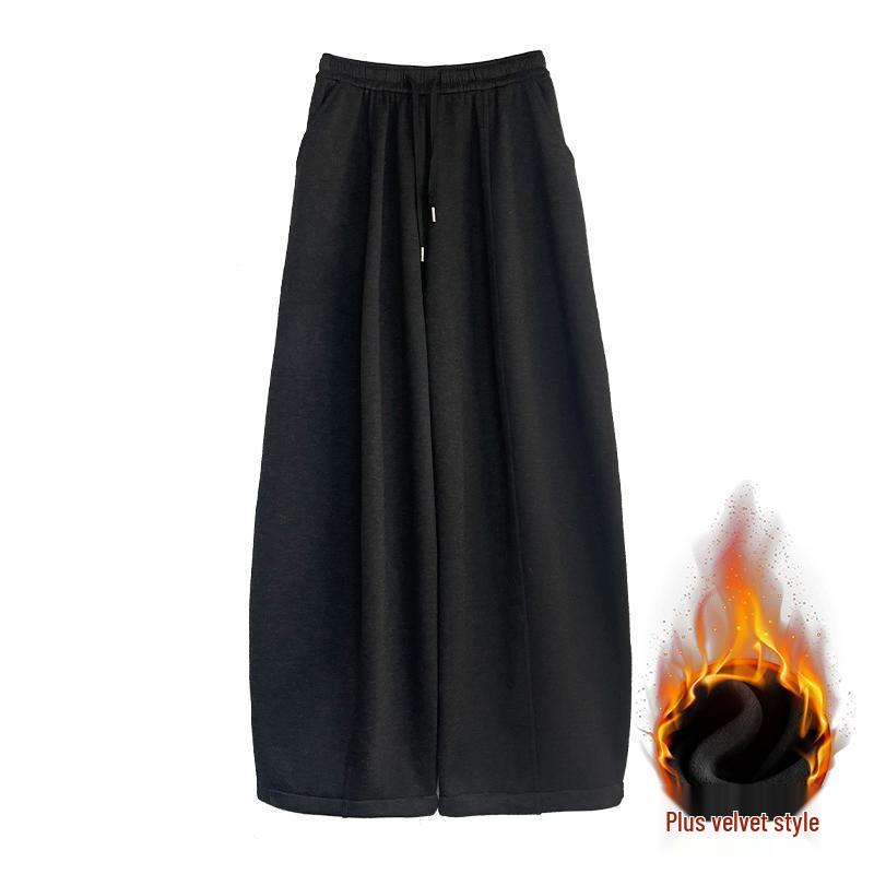 Women s High-Waist Velvety Wide-Leg Woolen Winter Pants - Grey XL (65-75kg)