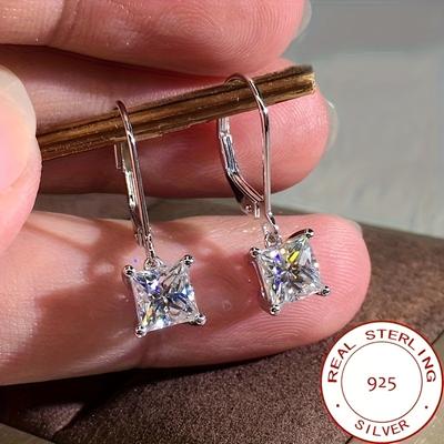 Elegant S925 Sterling Silver Square Sparkling Cubic Zirconia Drop Dangle Earrings for Women Jewelry Gift