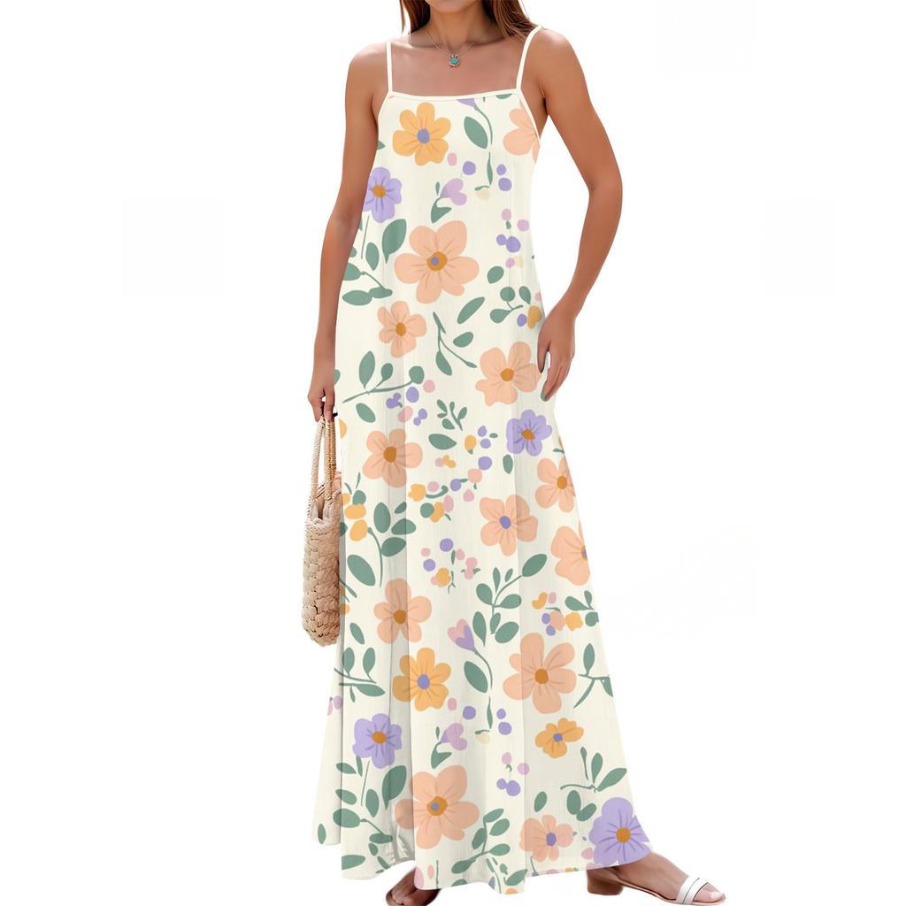 Women's Spring And Summer Casual Fashion Adjustable Suspenders Printed Long Dress