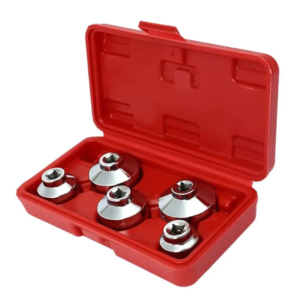 Universeller Ölfilterschlüssel- und Kappensatz, 5-teilig, 24 mm, 27 mm, 32 mm, 36 mm und 38 mm, mit Aufbewahrungsbox Ausziehwerkzeug für Geely und Ni