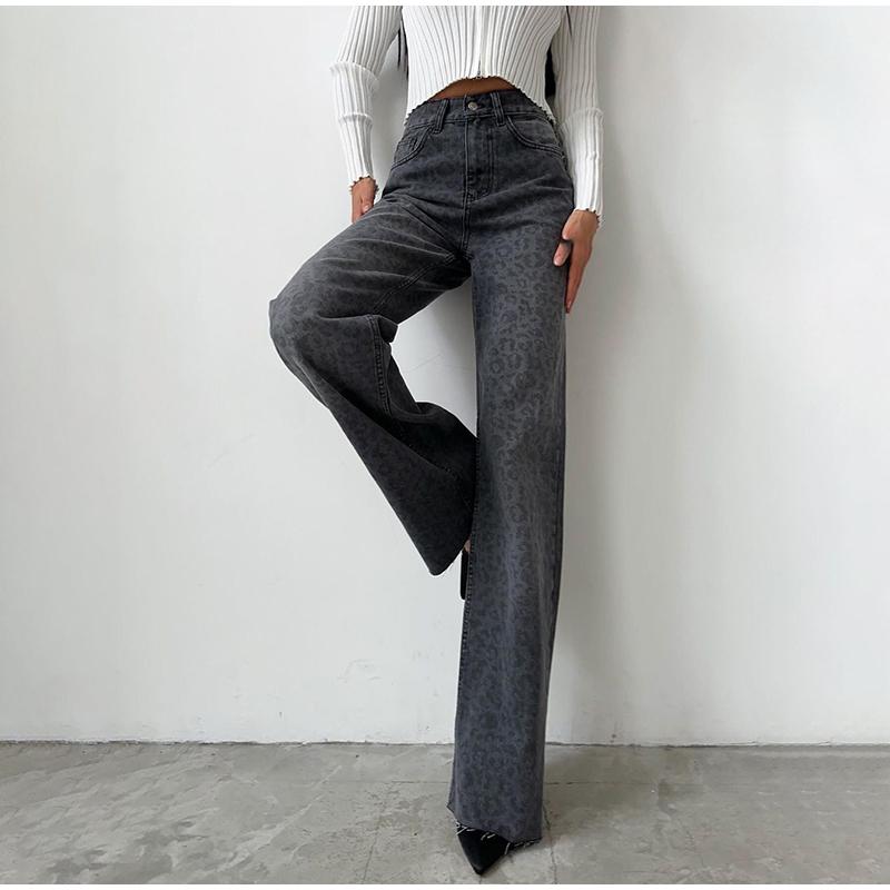 Elegant Grey Leopard Printed Jeans High Waist Straight Leg Vintage High Street Black Jeans Pants Women Formal Korean Retro