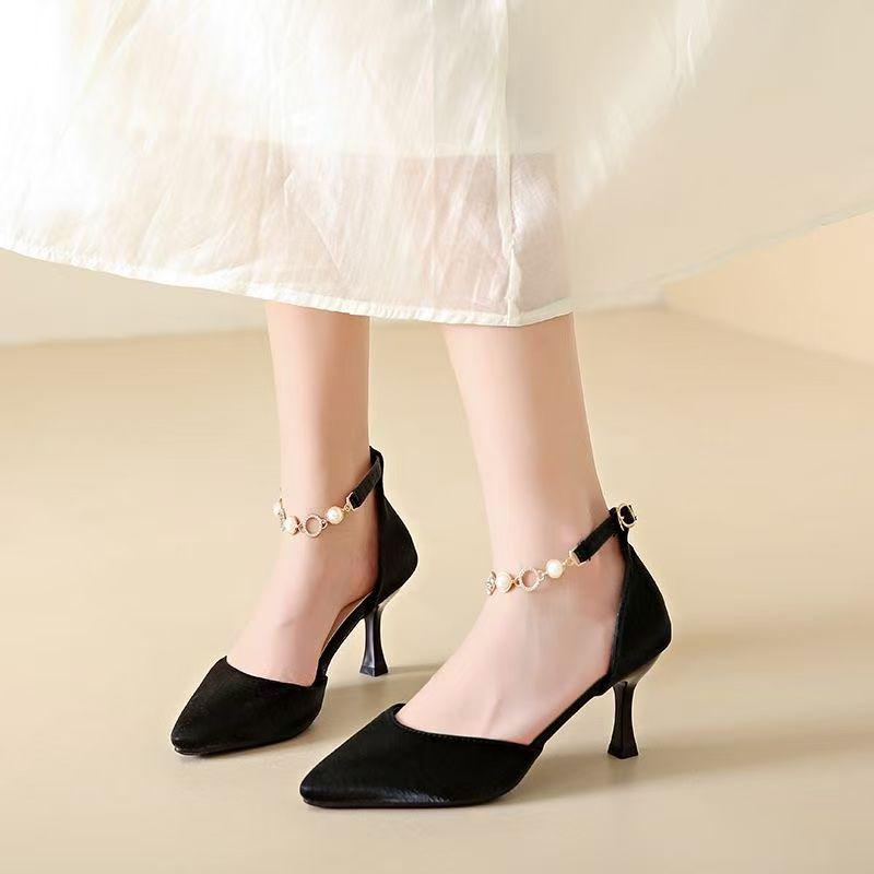 

2025 Summer French Fairy Style Pearl Stiletto Heels: Women s Pointed Toe One-Word Buckle Sandals 34