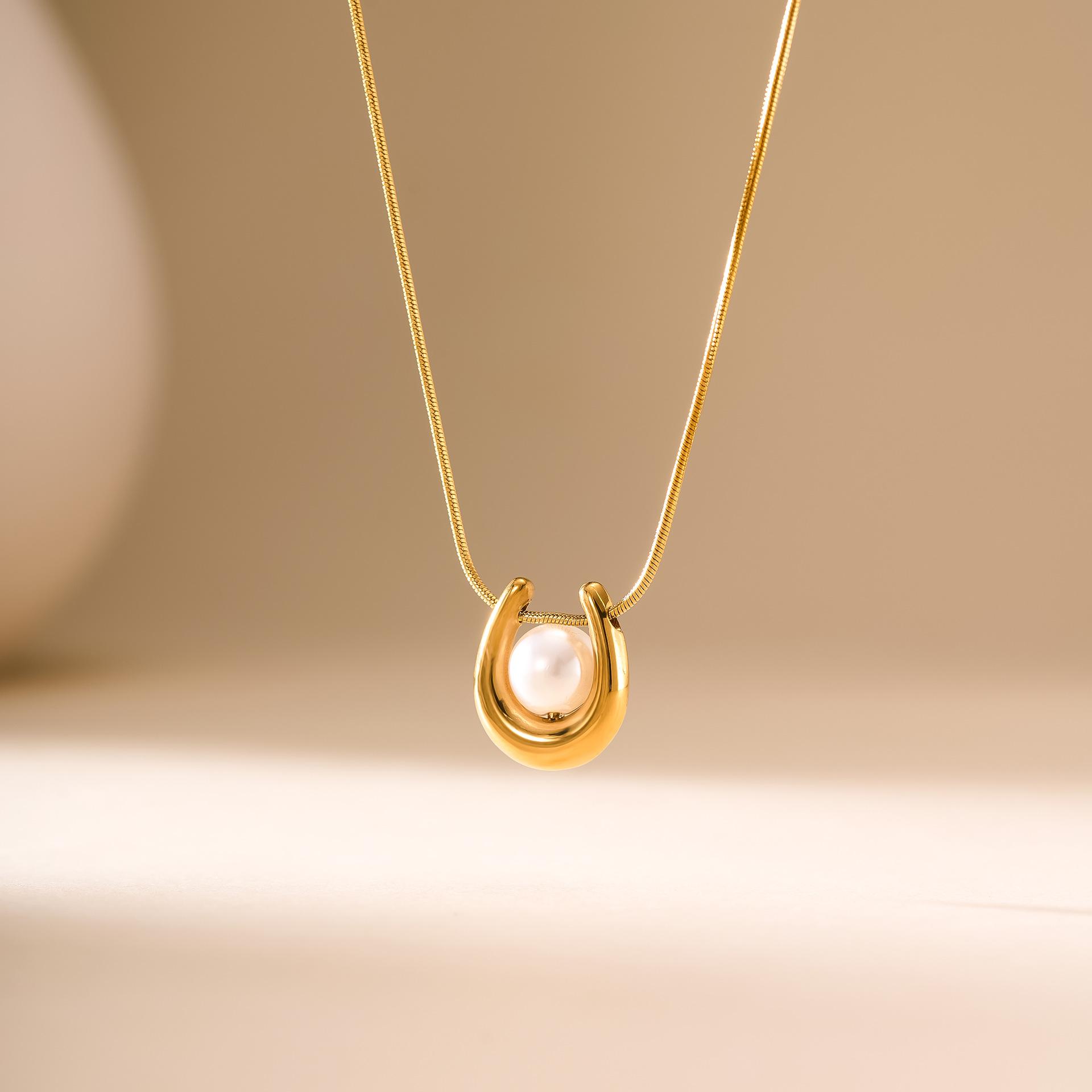 

Imitation Pearl Horseshoe Pendant Necklace for Women Stainless Steel Gold Color Snake Chain Choker U-Shaped Zircon Gift 40-45 cm