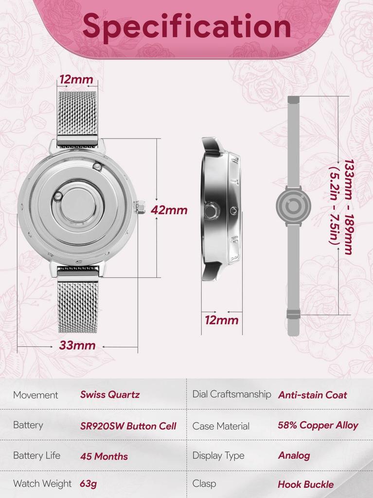 EUTOUR Women's Magnetic Quartz Watch, Minimalist Casual Analogue Watch, Stylish, Waterproof, 36mm, Silver Dial, Silver Stainless Steel Band, Mesh