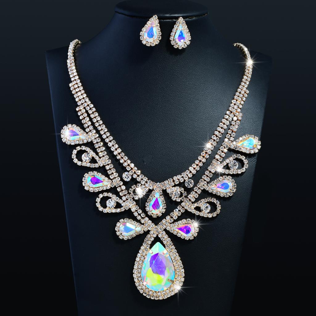 Fashion High-Grade Colourful Teardrop Female Bridal Crystal Full Diamond Necklace Earrings Two-Piece Set Exquisite