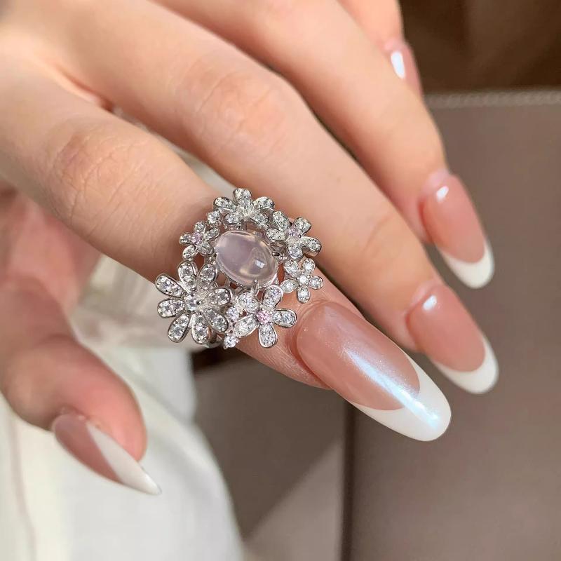 Light luxury inlaid diamond small flower beautiful rings for women natural ice chalcedony ring engagement retro wedding