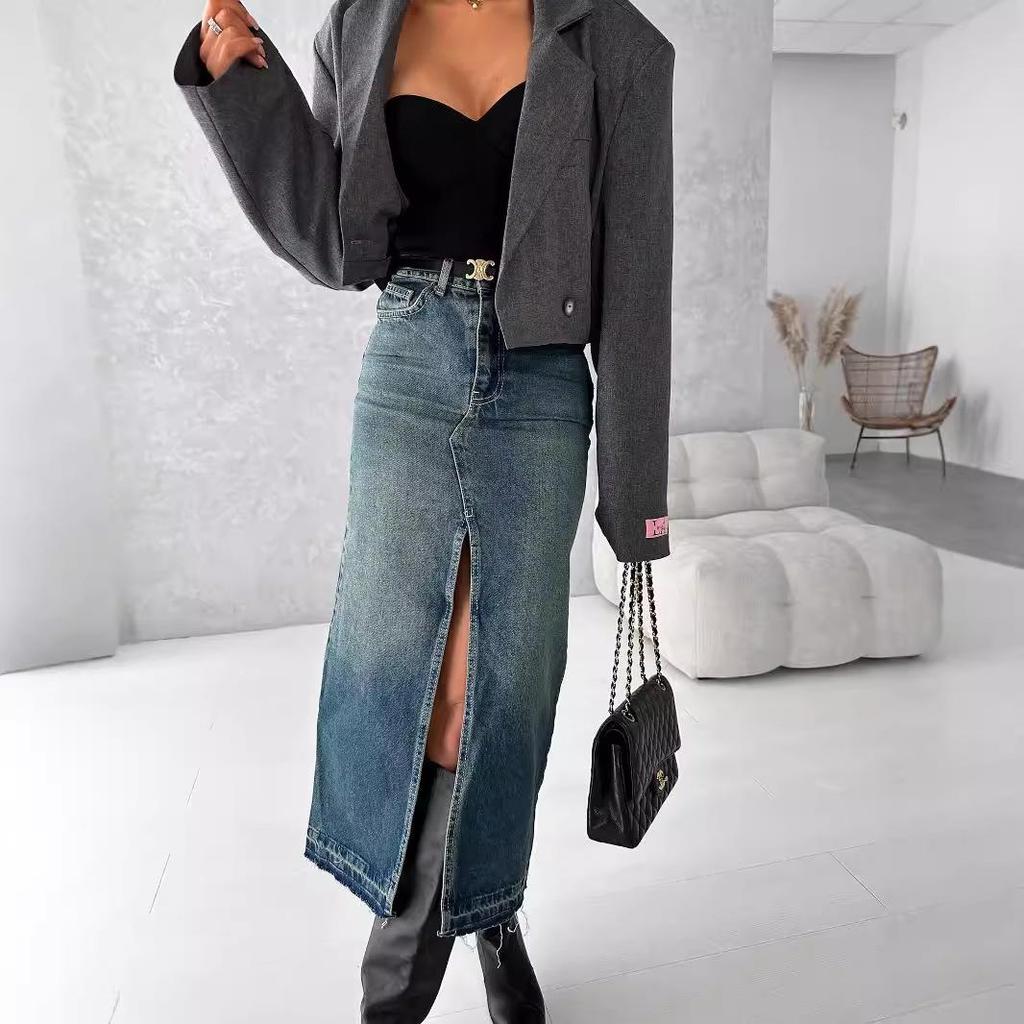 High Waist Washed Denim Slit Skirt - Slim Fit, Mid-length Retro Style for Women