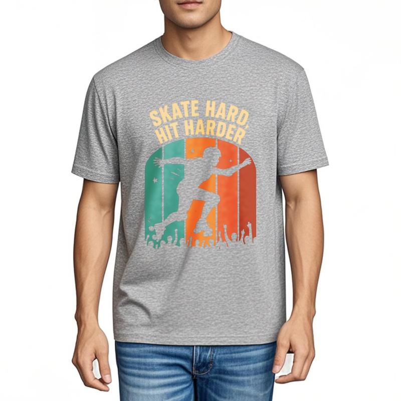 Solid Color Male Short Sleeve T Shirt Unisex Skate Hard Hit Harder Roller Skater Silhouette Crowd Background Classic Unisex