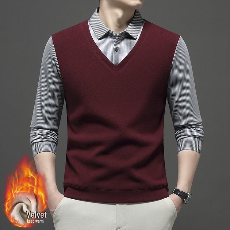 2025 Men s Winter Hoodie Plus Velvet Faux Two-Piece Shirt Collar 2XL