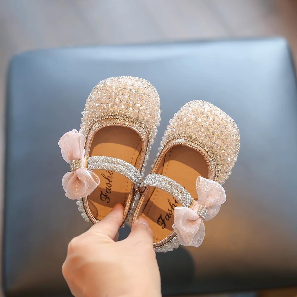 Girls Walking Shoes Lace Mesh Bows Kids Princess Shoes Non-slip Shiny Sequins 2025 New Children Flat Shoes Soft Sole Non-slip