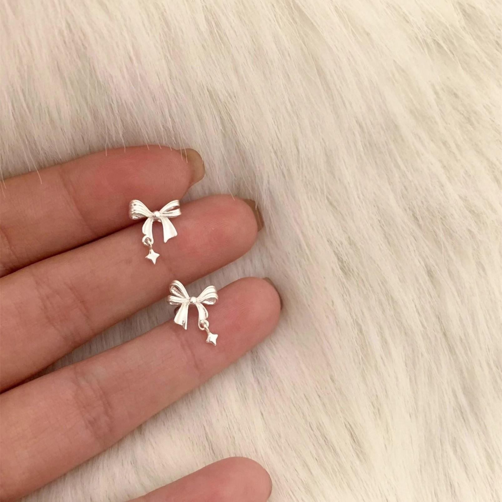 Women S925 Silver Bow Star Small Stud Earrings