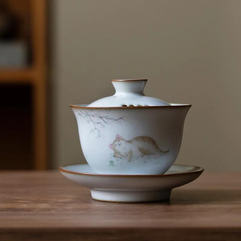 Chinese Ru Kiln Ceramic Gaiwan Cute Cat Pattern Filter Teacup Travel Portable Handmade Tea Bowl Home Tea Set Drinkware 150ml