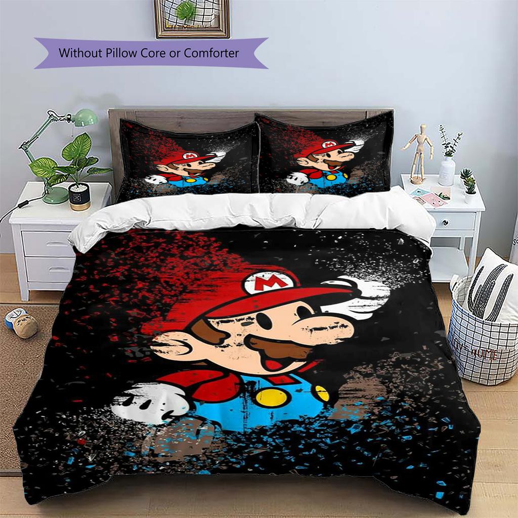 Mario Patterned Pillowcase & Duvet Cover Set Anime Trendy Themed Bedding for Bedroom Decor Holiday Choice