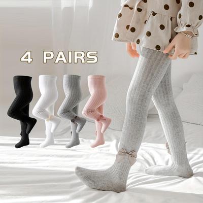 4 Pairs Girls' Tights, Solid Color, Stretchy Knit, Polyester Blend, Hand Wash Only, Toddler & Kids' Tights, Fashionable Match with Dress