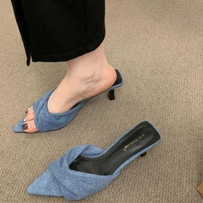 2025 Summer Pointed Open-toed Denim Blue Outer Slippers Fairy Style Stiletto High Heel One-word Drag Bow Sandals