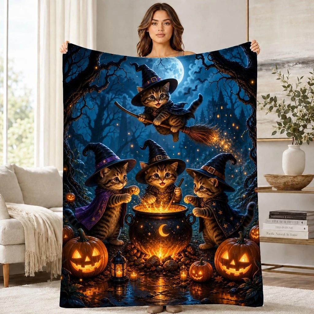 Witch Kittens Cauldron Coral Fleece Blanket Halloween Cat Decor