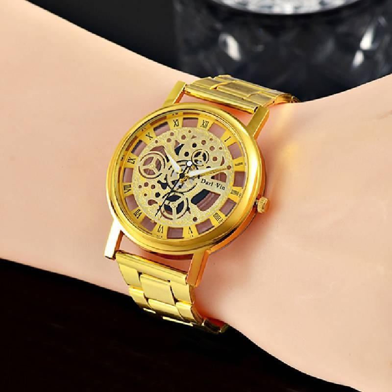 Elegant Geneva Alloy Case Men's Watch With Transparent Dial And Steel Band Stylish Design