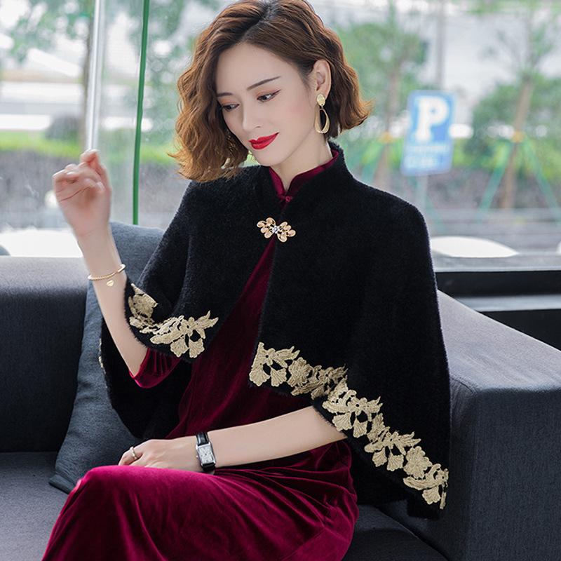 

Норковая бархатная шаль Женская утолщенная накидка в иностранном стиле с вышивкой Короткая для тещи Ципао Свадебный банкет 0235 # average size чёрный