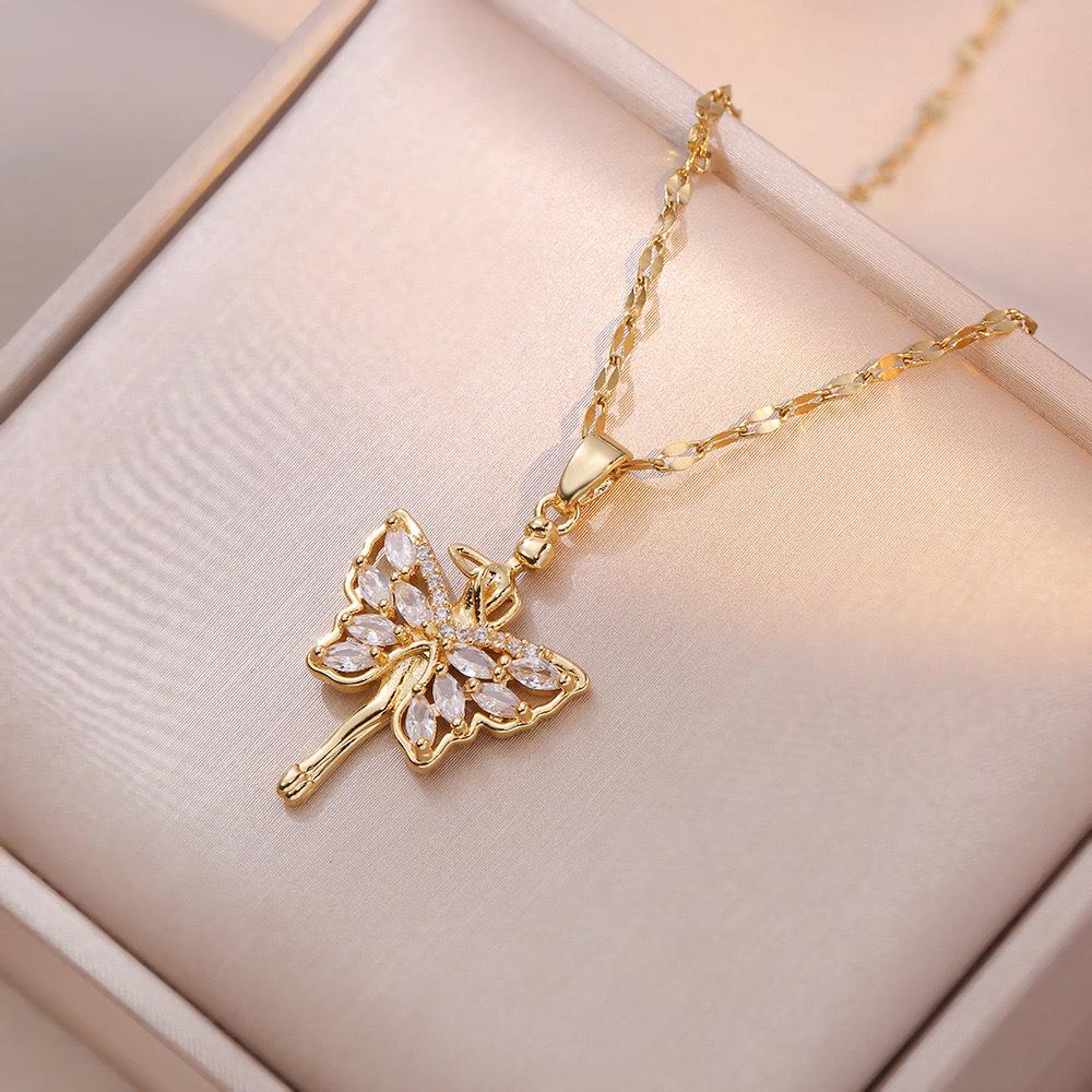 Butterfly Necklace with Color-Retaining Zircon - Fashionable, Versatile Women's Jewelry Accessory.