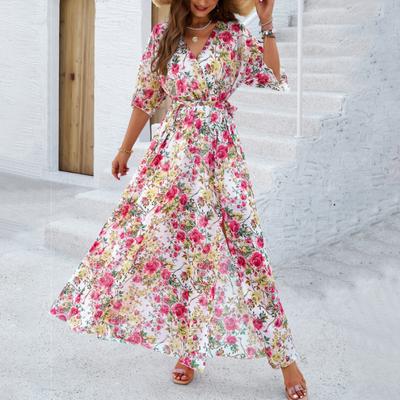 Spring Summer New Women Elegant Printed Holiday Waist Dress