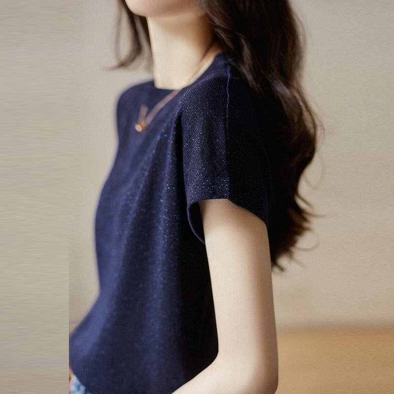 

Женские свитера, пуловеры 2025 Лето Короткий рукав О-образный вырез Черный вязаный свитер Женские топы Пуловер JJ330 One Size тёмно-синий