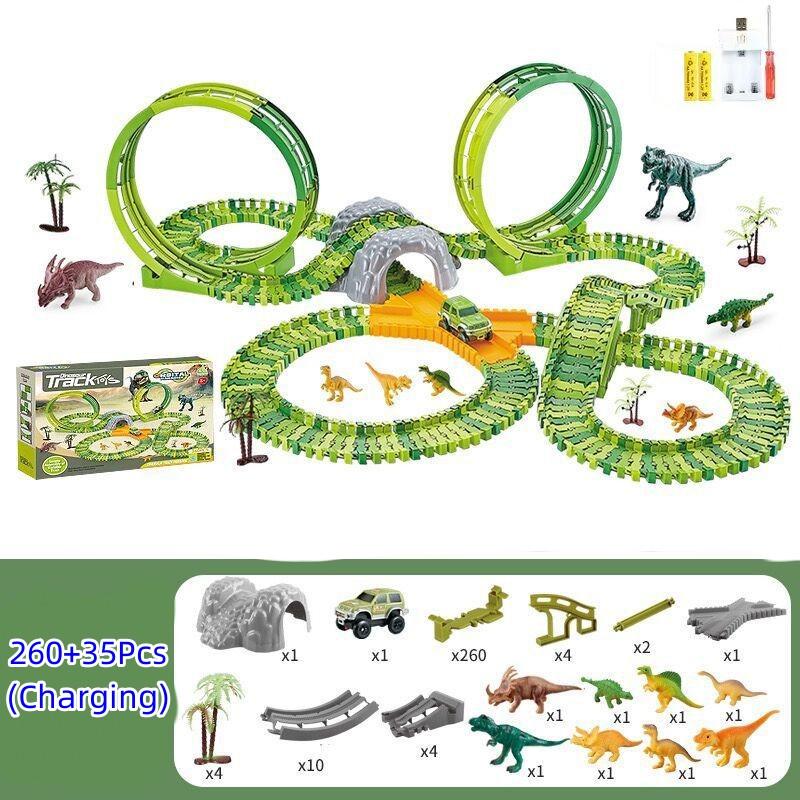 Dinosaur Race Track Set Rail Car Toys Assembly Bend Flex Racing Track Led Electronic Flash Light Car Toys for Children Years Gift